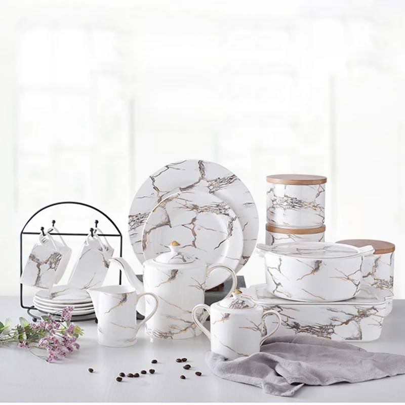 

Brief Creative Marble Pattern Ceramic Cappuccino Coffee Mug Cup with Saucer Milk Kettle Tea Pot Sugar Cans Shelf Kit Family Gift