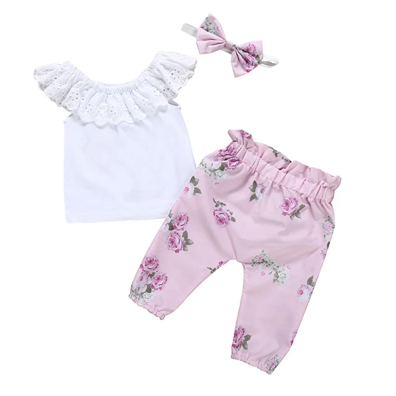 

Summer Girl Clothes Lace Top T-Shirt+Floral Shorts+Hair Strap 3 Pieces Infant Set Children's Wear For 0-1T