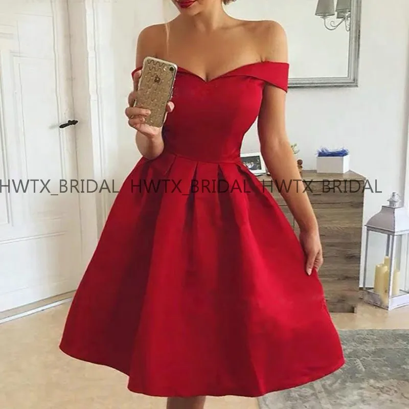 

Cheap Short Red Prom Dresses Off The Shoulder Satin Ball Gown Keen Length Puffy Wedding Party Dress 2019 Vestidos de fiesta