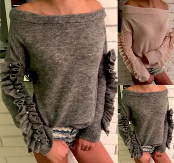 

Trendy New Women Flouncing Lace Off Shoulder Knitwear Long Sleeve Sweater Chic Clothing Pullover Knit Jumper Tops