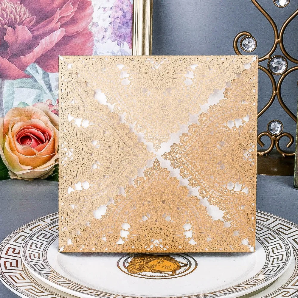 H&ampD 24pcs Vintage Wedding Invitations Cards with Laser Cut Lace Flower for Bridal Shower Party Decoration (Champagne) | Дом и сад