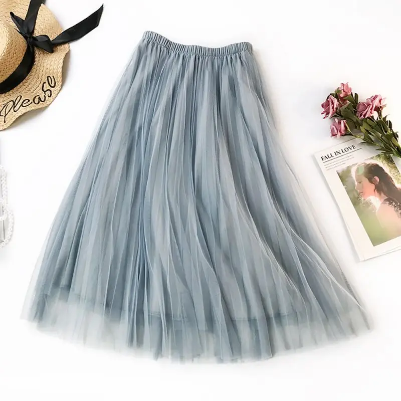 LISTHA Tulle Midi Skirt Women Casual High Waist Pleated Tutu Skirts Summer