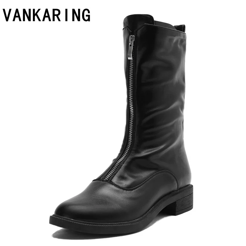 

autumn winter ladies ankle boots female leather platform riding boots front zipper casual flat shoes woman footwear martin boots