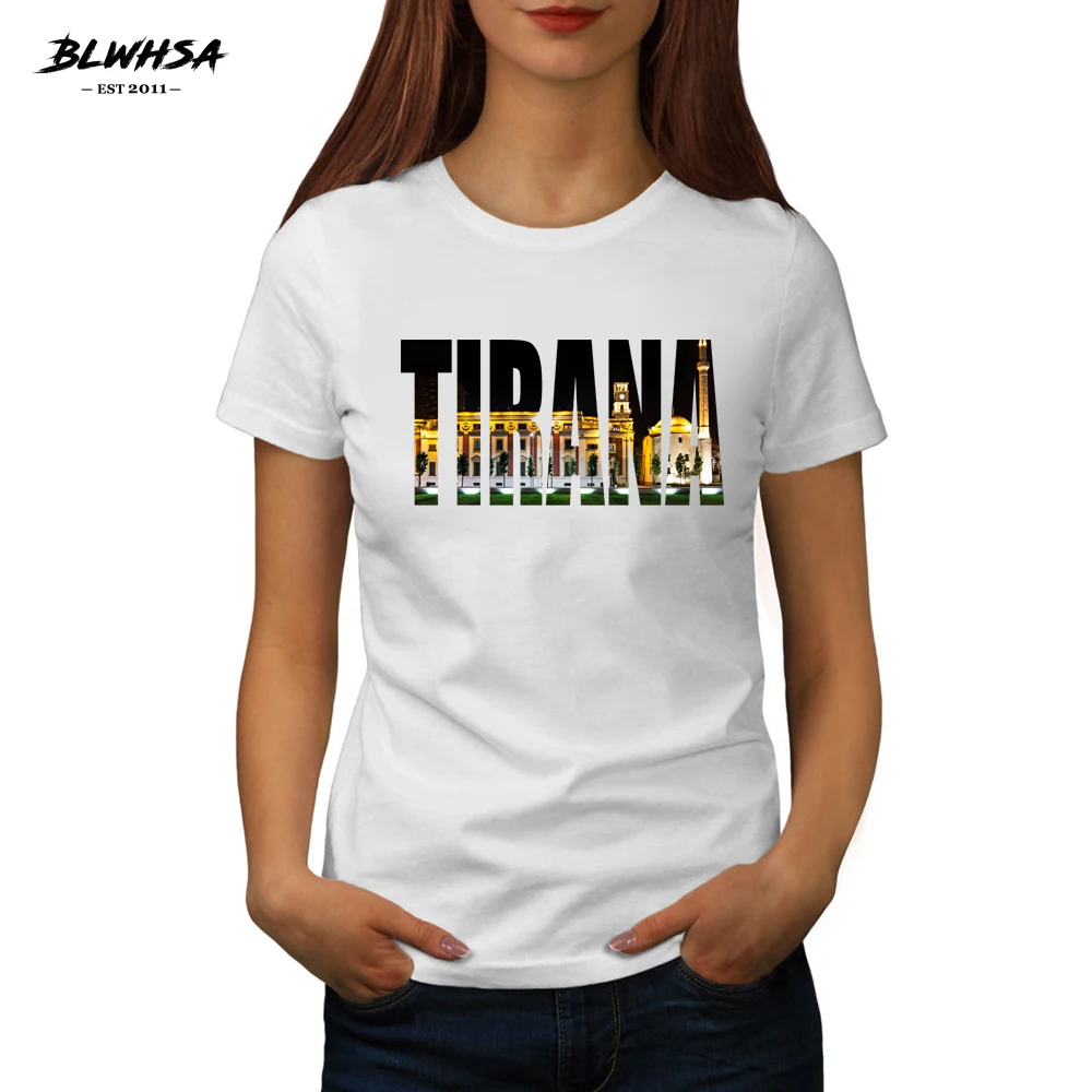 

BLWHSA New Tirana Print T Shirt Women Albania City Tirana Short Sleeve Cotton Summer T Shirts Funny Hip Hop T-Shirt For Women