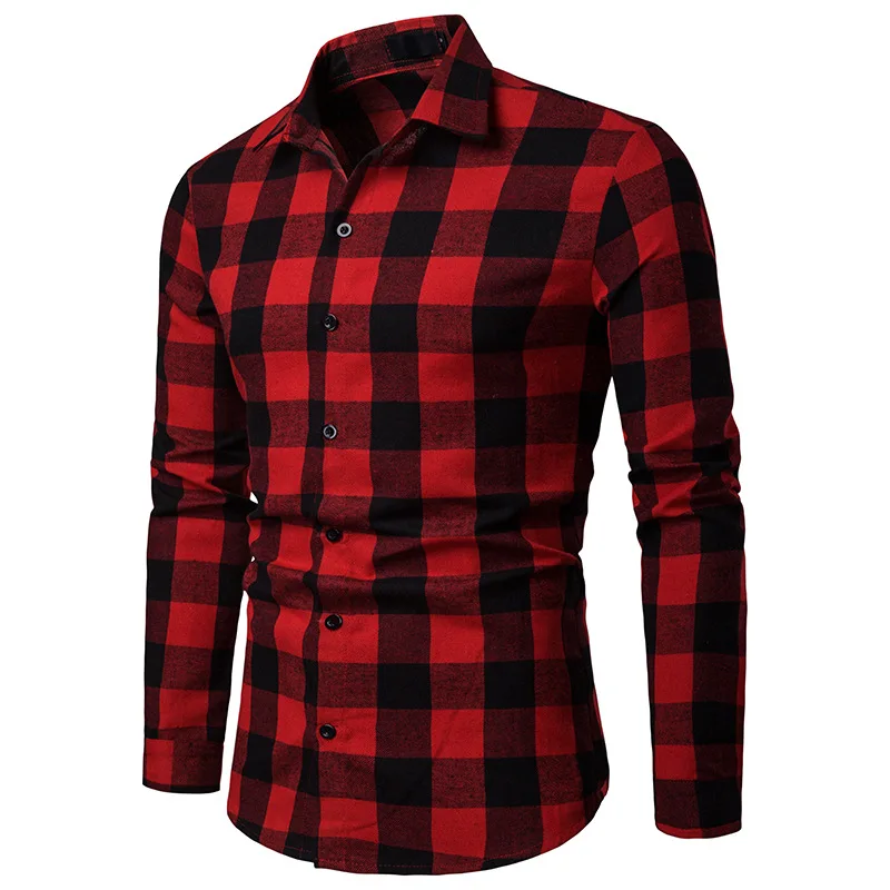 Красно-черная клетчатая рубашка для мужчин, весна, новинка, приталенная рубашка с длинным рукавом, мужская повседневная рубашка на пуговицах, рубашки, Chemise Homme