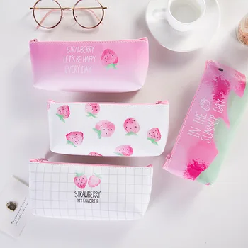 

Simple Strawberry pencil bag for girls Cute PU Leather Pencil case pen Pouch Office School Supplies Stationery gift Zakka