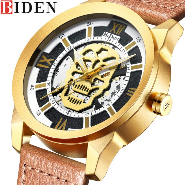 

BIDEN Men Watch Waterproof Military Sport Army Male Clock Top Brand Luxury Skull Genuine Leather Quartz Wrist Mens Watches