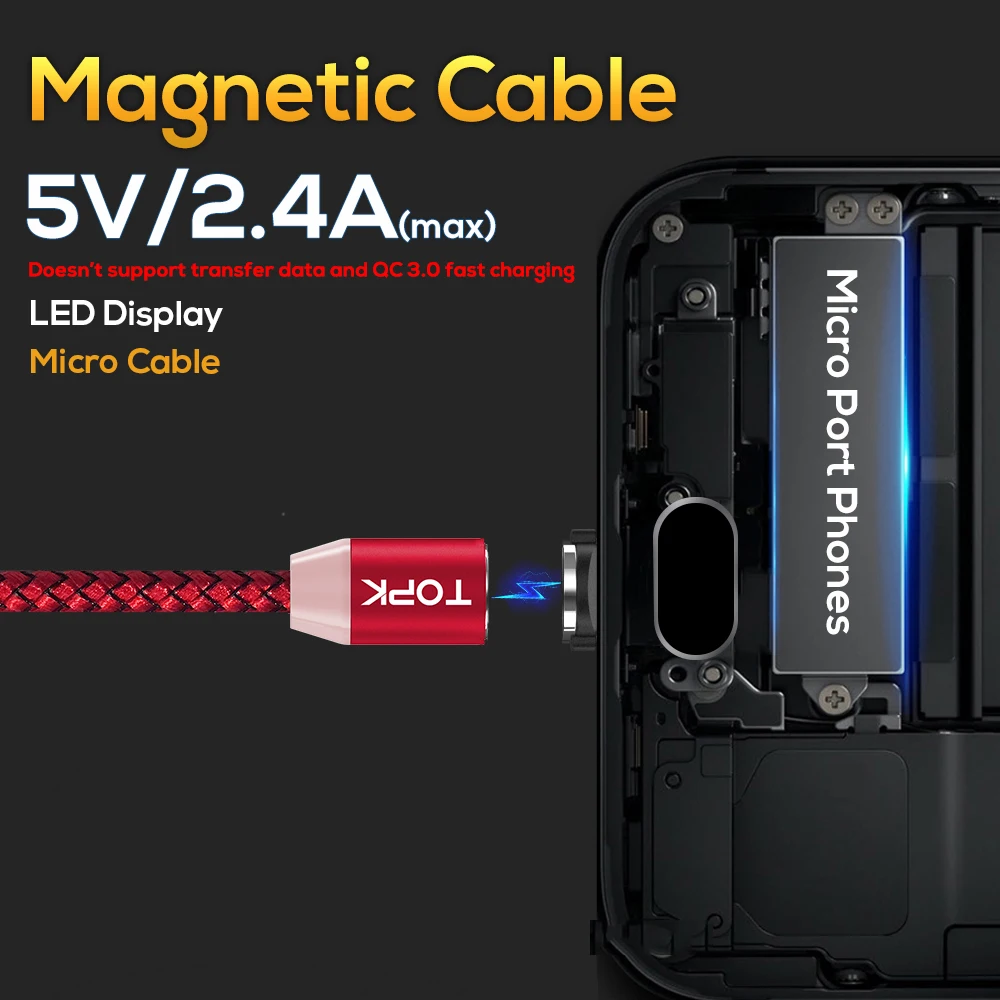 TOPK RLine1 СВЕТОДИОДНЫЙ Магнитный зарядный кабель с индикатором обновленный нейлоновый Плетеный Магнитный Micro USB кабель для samsung S7 Xiaomi Redmi 4X