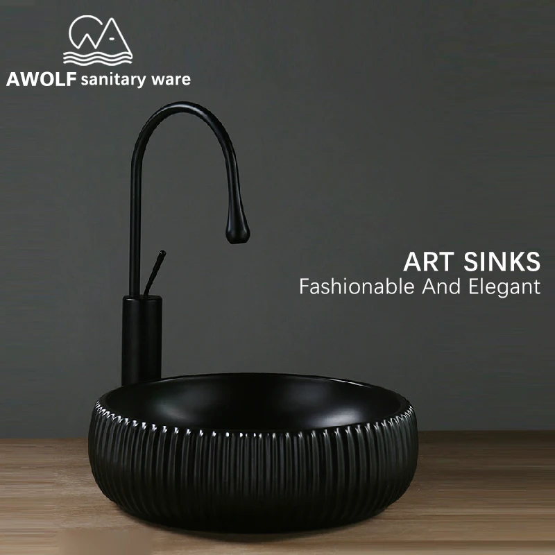 

Art Bathroom Sinks 40*40*13cm Handmade Ceramic Vessel Matte Black White Lavatory Sink Round Washing Basin Bowl AM901