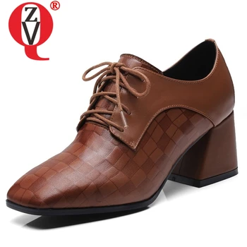 

ZVQ women shoes spring new fashion handmade genuine leather women pumps square toe cross-tied high square heels plus size shoes