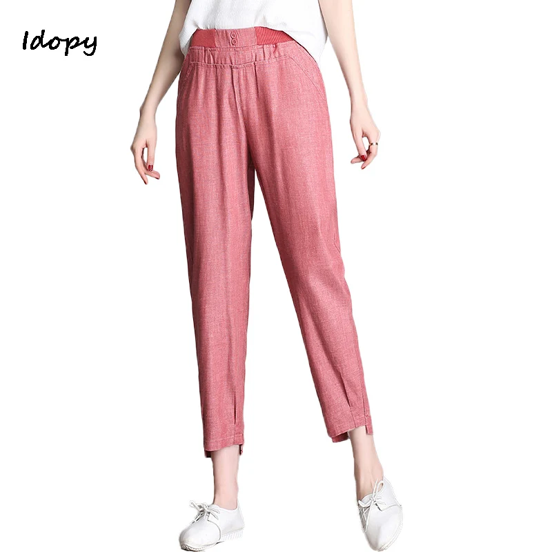 Idopy Summer Casual Womens Cotton Line Blend Pants Female High Waist