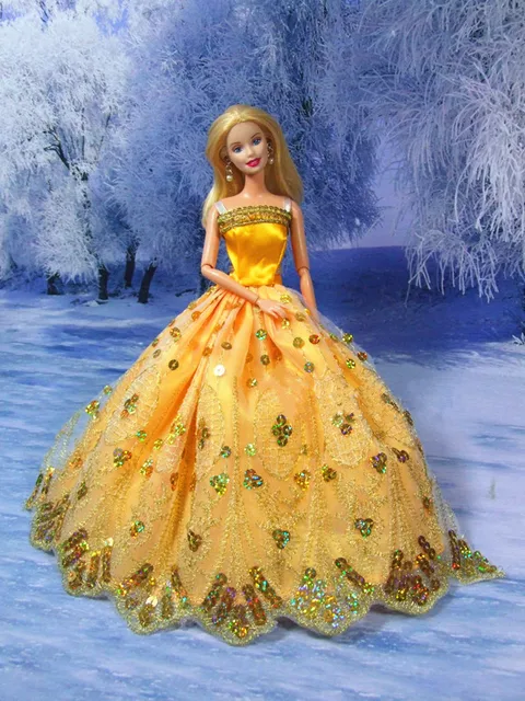 New Handmade Princess Wedding Party Dress Clothes Gown For Barbie Doll yellow colour free