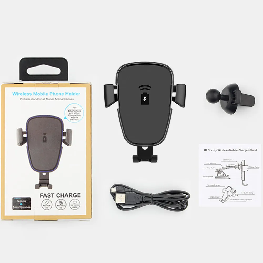 PC+ Silicone 10W Qi Беспроводное Автомобильное зарядное устройство с креплением Gravity Air Vent держатель для телефона для samsung iPhone X другой мобильный телефон
