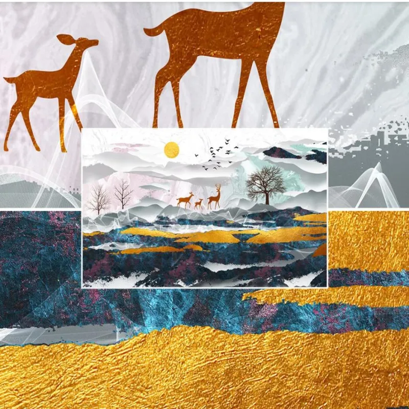 New Ink Landscape Forest Elk Golden Sunrise Birds TV Background Wall Painting New Ink Landscape Forest Elk Golden Sunrise Birds TV Background Wall Painting