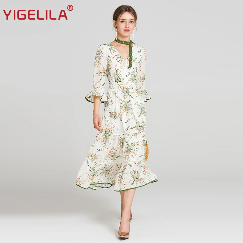 YIGELILA 2018 Latest Spring Women Fashion V-neck Flare Sleeve Empire Slim Casual Georgette Print Long Dress 62952