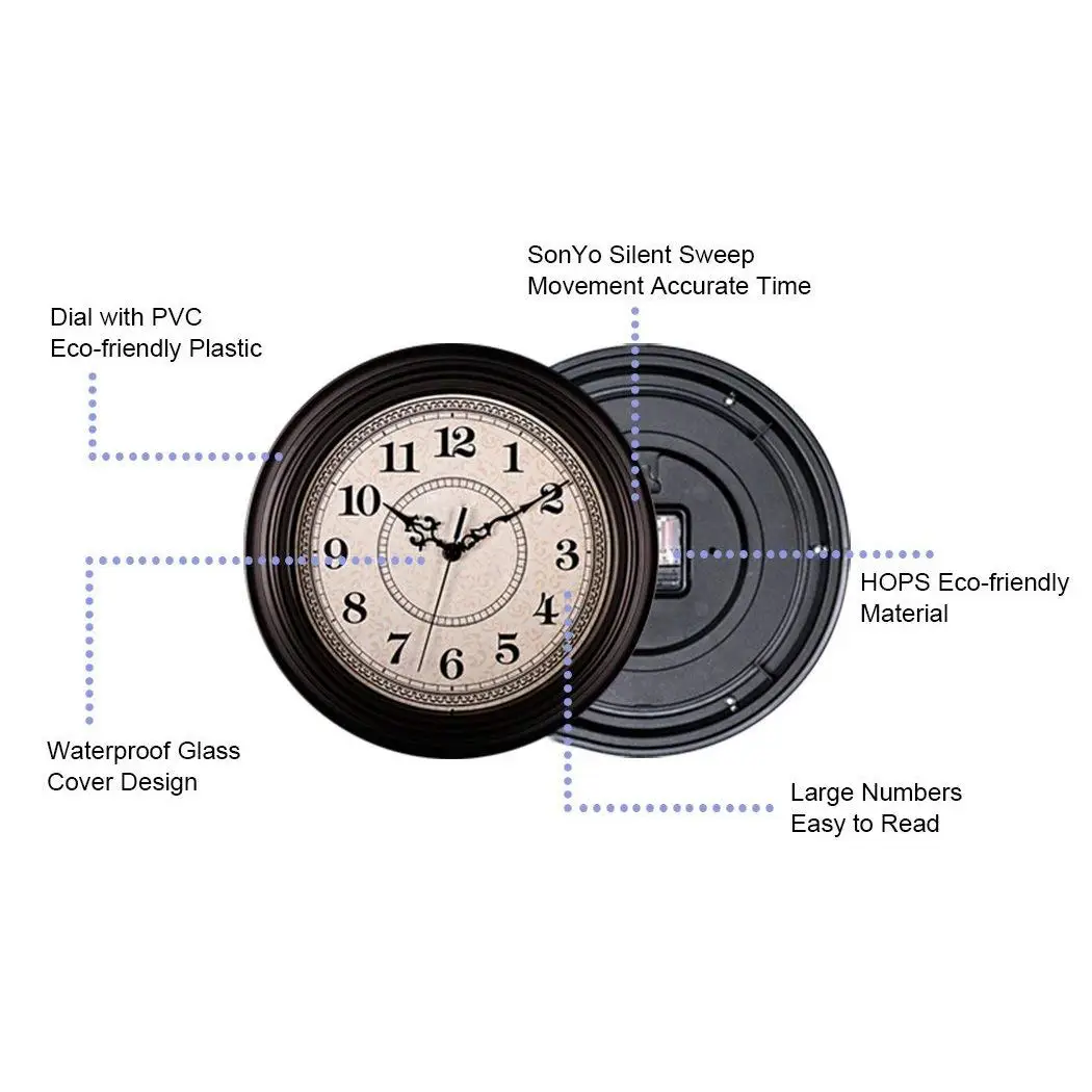 Ceny Ciche, nie tykające okrągłe zabytkowe zegary ścienne (12 cali) dekoracyjny styl Vintage, czarny