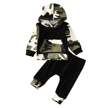 Одежда для малышей модный топ-камуфляж с капюшоном и длинные штаны одежда из 2-х предметов комплект одежды