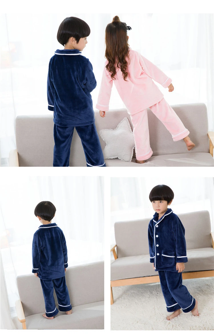 Детская однотонная Пижама фланелевые комплекты темно-синяя и розовая одежда для сна для детей от 3 до 12 лет, пижамный комплект для маленьких мальчиков и девочек