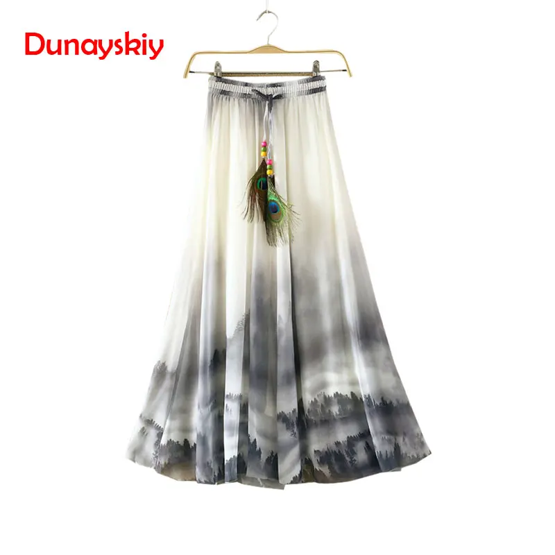 

Vintage Maxi Skirts Women Solid Boho Chiffon Saia Longa Summer Tulle Casual Bohemian Long Skirts Woman Clothing