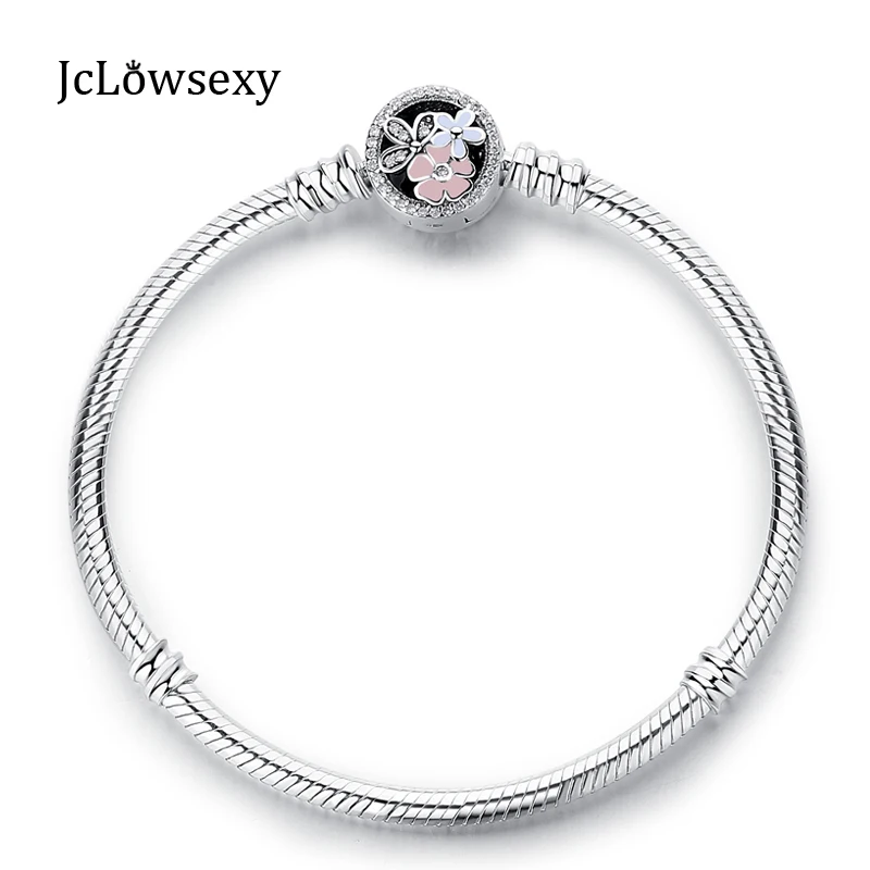 

925 Sterling Silver MOMENTS Bracelet with Poetic Blooms Enamels Crystal Clasp Snake Chain Bracelets Bangles Fit Pan DIY Charms