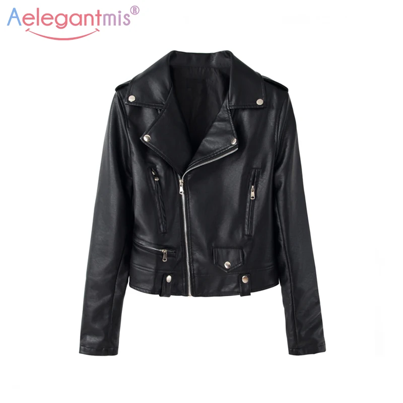 

Aelegantmis 2019 Classic Design Women Soft PU Leather Jacket Slim Short Motorcycle Jacket Lady Rivet Zipper Cool Outerwear Black