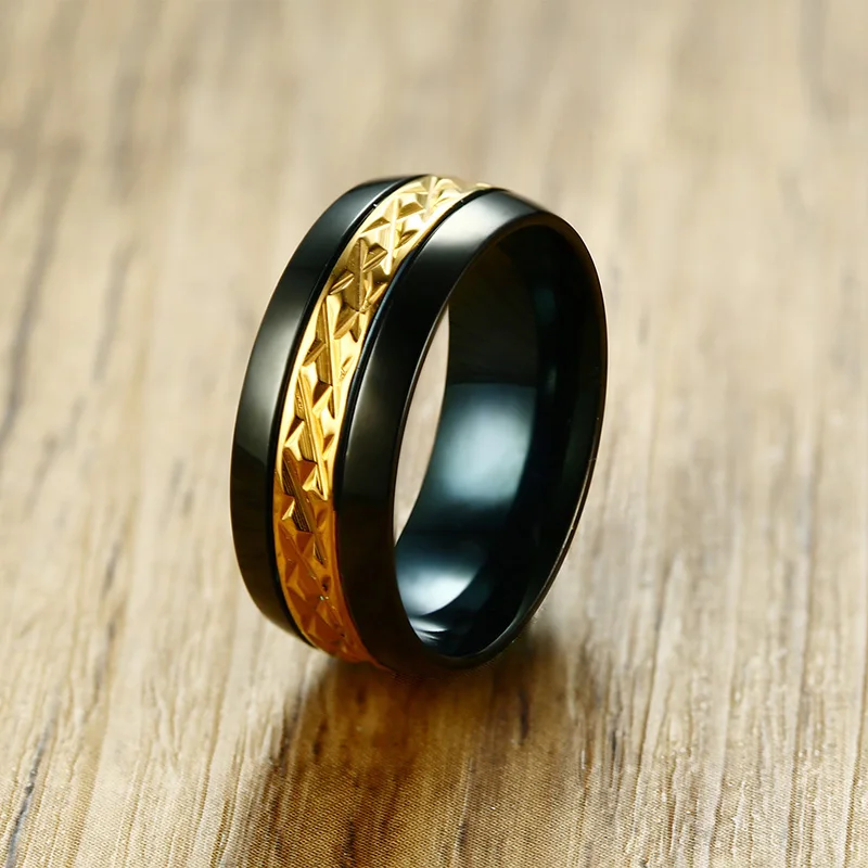 Meaeguet Personalized Black Faceted Cut Geometric Rings For Men Stainless Steel Wedding Bands Jewelry Anel 8MM Wide