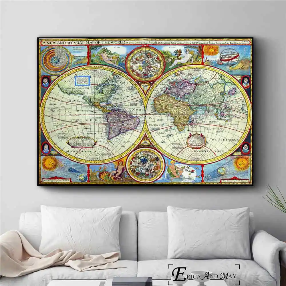 Карта старого мира, художественное произведение, винтажный постер, печать, картина маслом на холсте, настенное искусство, фрески, картины для гостиной, украшение, без рамки - Цвет: 1