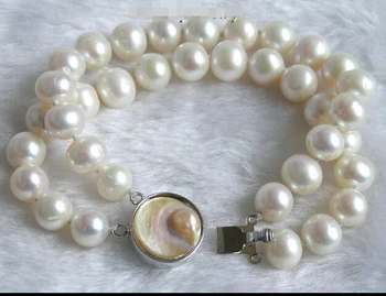 

Beautiful 2row 8" 9-10mm white round freshwater pearl bracelet-shell clasp