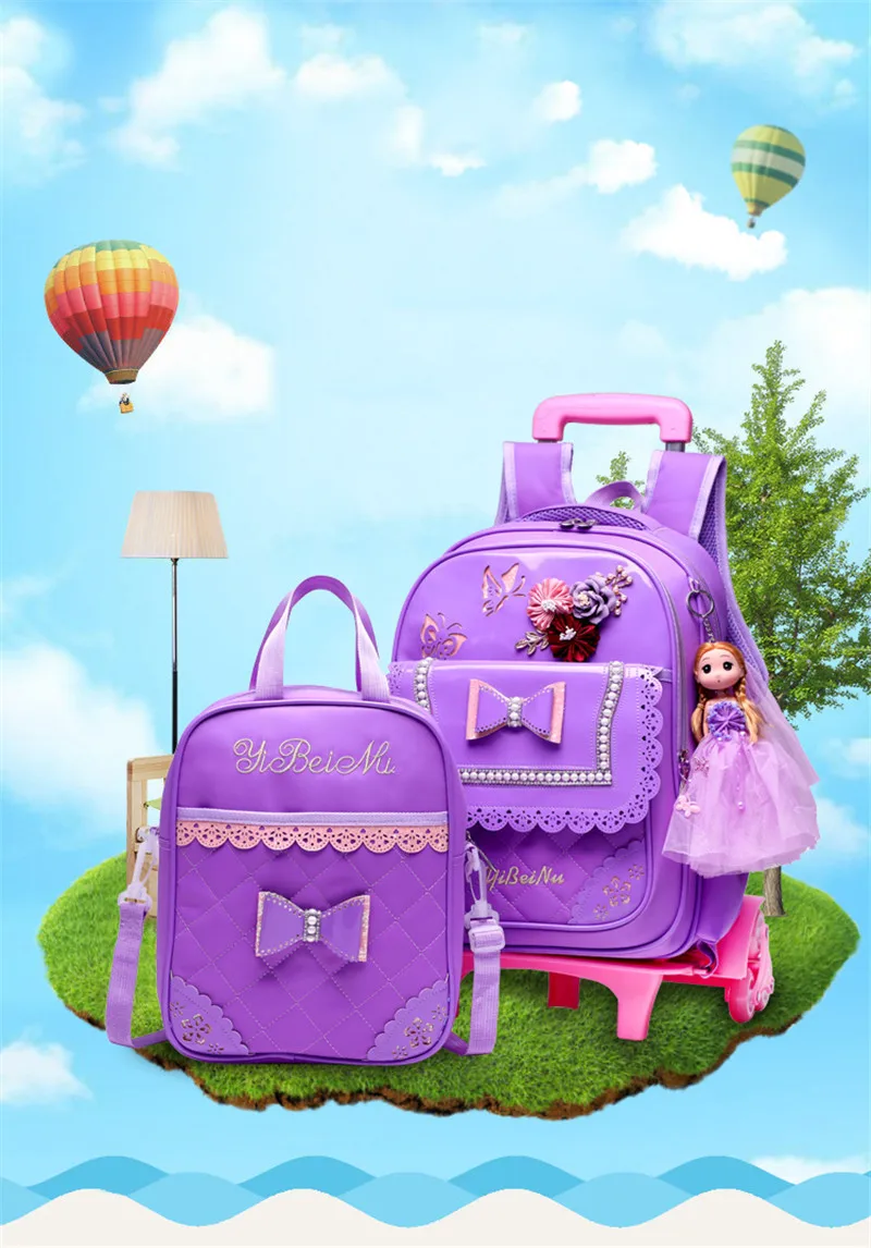 Съемные детские школьные сумки водостойкие для девочек фиолетовая принцесса тележка рюкзак дети сумка на колесах Bookbag путешествия чемодан