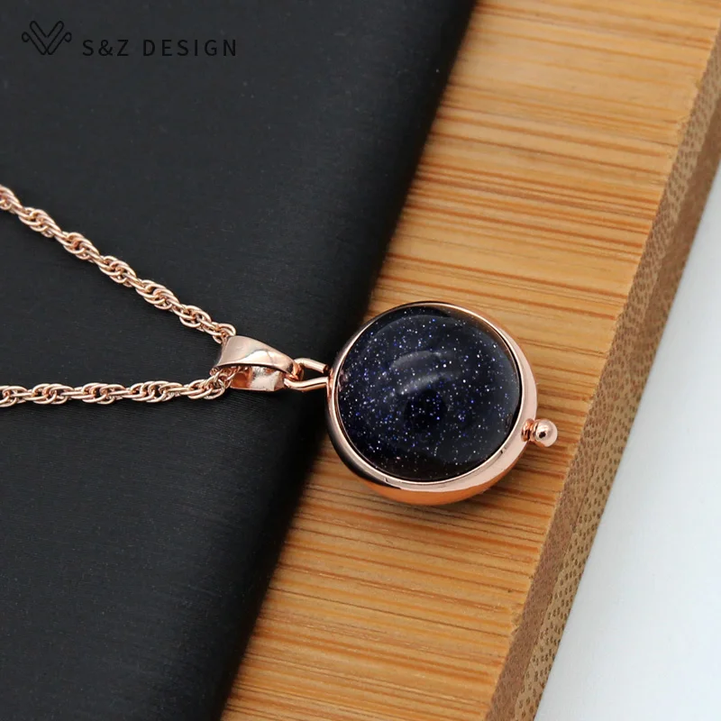 S&Z DESIGN New Natural Golden Sand Stone Pendant Necklace For Women Fine 585 Rose Gold Color Fashion Wedding Party Gift