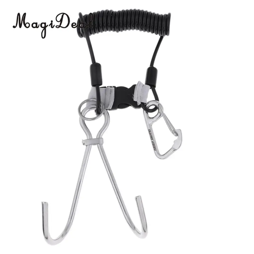 Scuba Reef Hook Double Hook Reef Drift Hook with Spiral Coil Lanyard and Quick Release Buckle Diving Safety Accessories