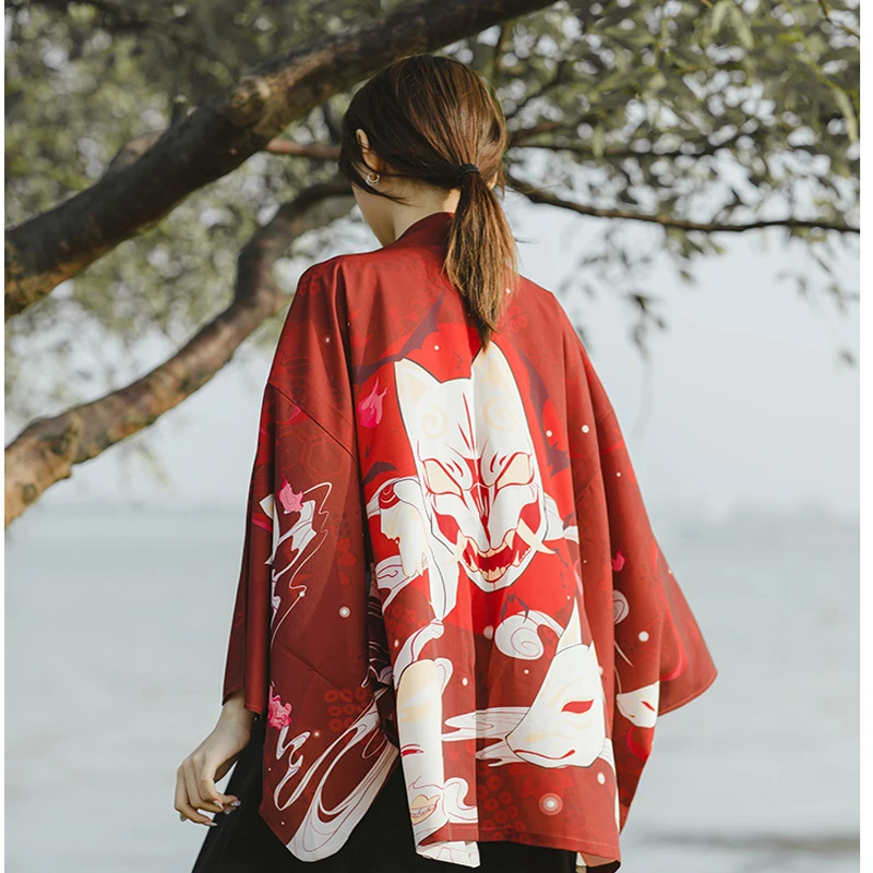 Japanese Harajuku Style Women Blouse Fox Shirts Japanese Kimono Print Chiffon Cardigan Tunic Shirt Chiffon Sun Protection Blouse