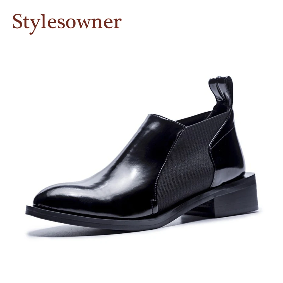 Goedkoop Stylesowner Vrouw Korte Naakt Laarzen Zwart Lakleer Nubuck Leer Britse Bootie Chelsea Martin Laarzen Voor Herfst Winter