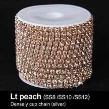 10 ярдов/рулон персик цепочка со стразами серебряная основа плотно чашки цепи SS6-SS12 для одежды