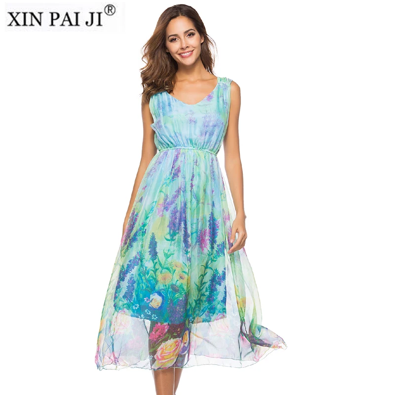 

Large Size 2018 Hot sale Long Summer Beach Dress Women Seaside Casual O-Neck Floral Slim Chiffon Dresses