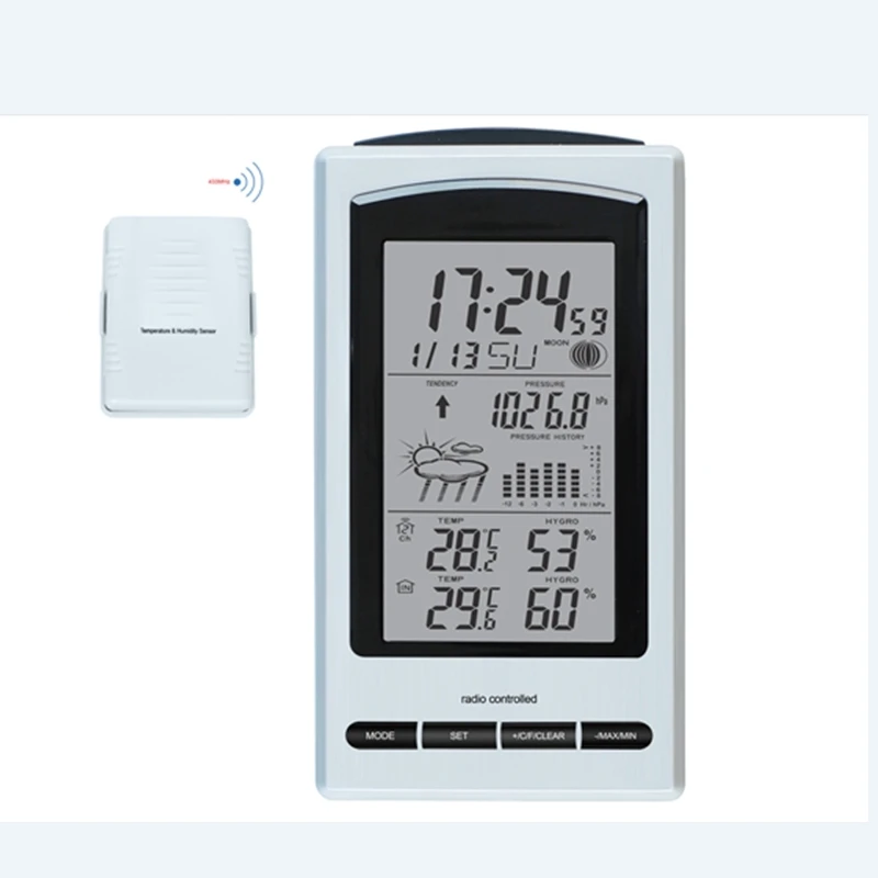 Метеостанция, барометр, термометр, гигрометр, фаза Луны, беспроводной датчик, большой ЖК-дисплей, цифровой будильник