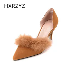 Brand HXRZYZ spring/summer fashion 7cm High Heels pointed-toe thin heel Pumps with artificial rabbit fur Women grey black Shoes