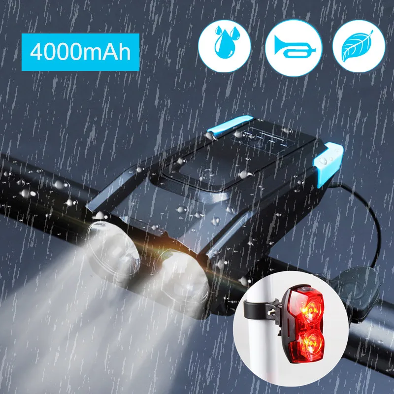 4000 мА/ч велосипедный светильник-вспышка, индукционный велосипедный передний светильник, перезаряжаемый через USB, умный головной светильник с рогом, светодиодный светильник для велосипеда+ Задняя лампа - Цвет: with Rear Lamp