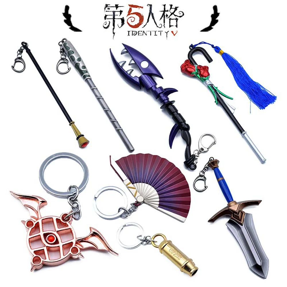 

2019 Hot Game Identity V Keychain The Fifth Personality Whistle Hand Fan Crutches Fishbone Sword Weapon Keychain Gifts for Mens