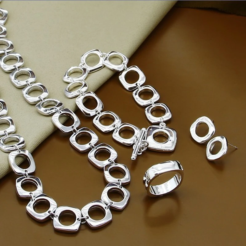 

2019 New Fashion 925 Sterling Silver Hollow Square Round Circle Earrings Ring Jewelry Set Fine Jewelry Gift