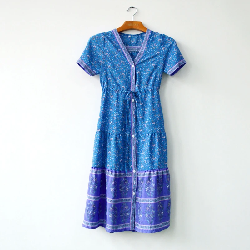 Для женщин Boho Цветочные Длинные платье макси-длины Femme Бохо длинное платье Вечеринка пляжные наряды V образным вырезом Кнопка сарафан отпуск - Цвет: Синий