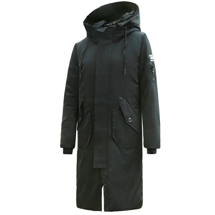 Брендовая теплая куртка-пуховик для холодной погоды г. Зимняя новая мужская Модная приталенная парка с капюшоном повседневное длинное пальто черный, синий, хаки - Цвет: Черный