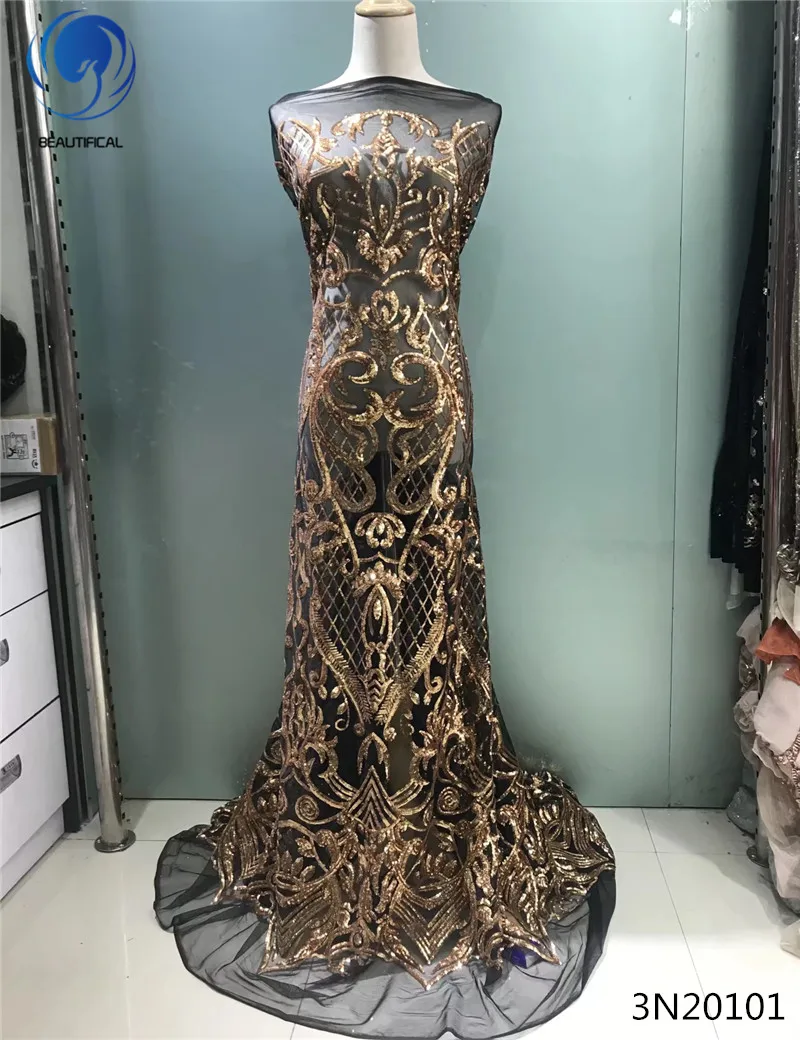 

Beautifical gold sequin lace fabric black mesh lace fabric with gold sequin tulle lace fabric 2018 for women 5yards/piece 3N201