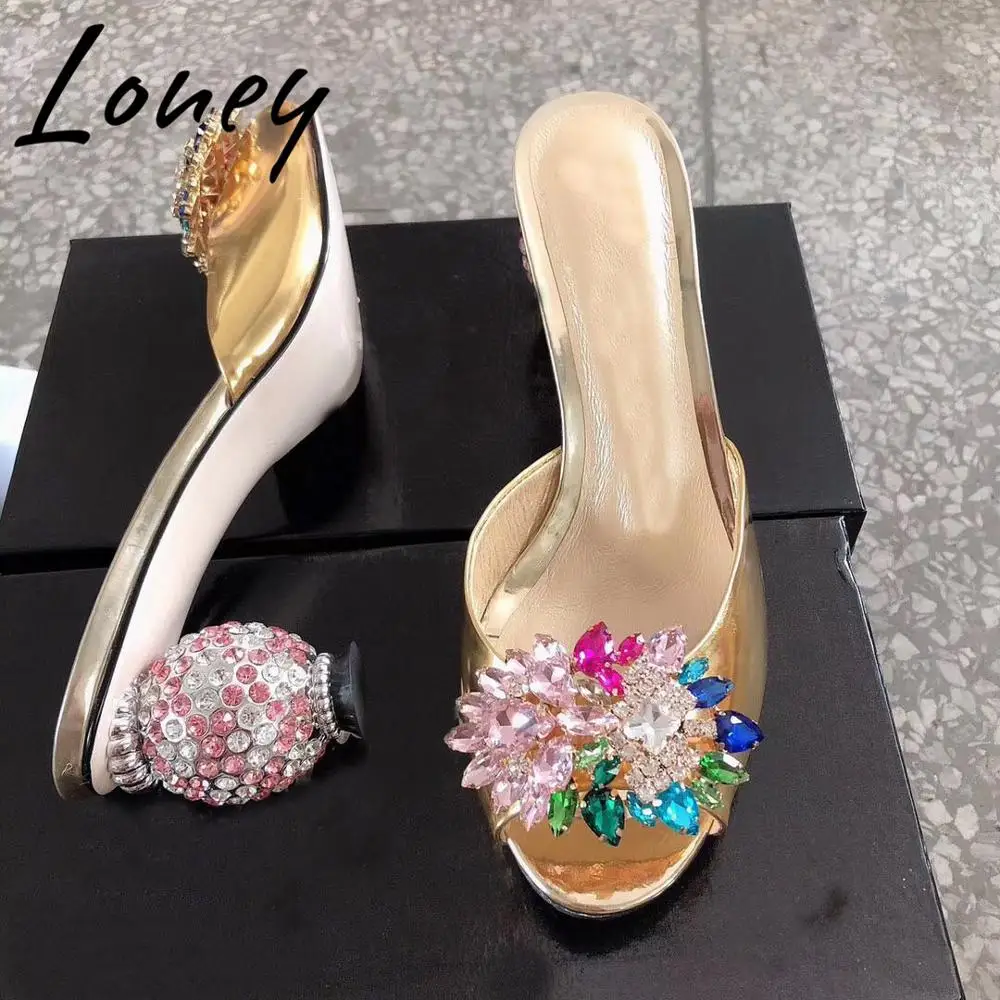 

Loney New Brand Designer Genuine Leather Jewel Floral Summer Sandals Open Toe Crystal Ball Sandal Slippers Shoes Women
