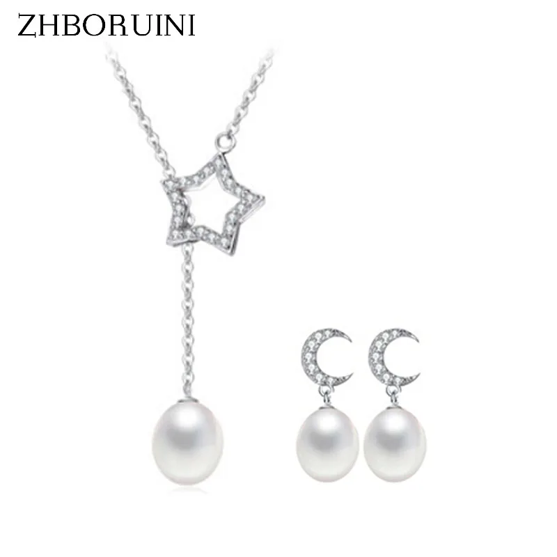 

ZHBORUINI Pearl Jewelry sets Natural Freshwater Pearls Star And Moon 925 Sterling Silver Necklace Earrings Pendants For Women