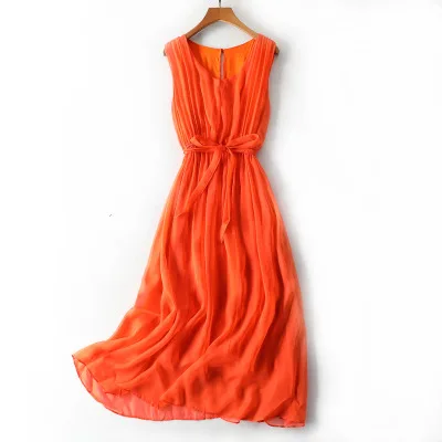 Высококачественное платье миди новейшее летнее оранжевое Элегантное Шелковое Платье без рукавов женское повседневное стильное праздничное пляжное платье Vestidos - Цвет: Кораллово-Красный