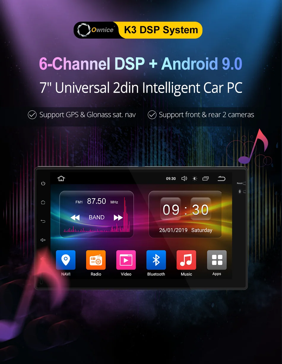 Ownice K3 2Din android 9,0 " hd-навигатор для автомобиля Универсальный мультимедийный dvd-плеер gps навигации автомобиля стерео Поддержка Bluetooth, USB видео