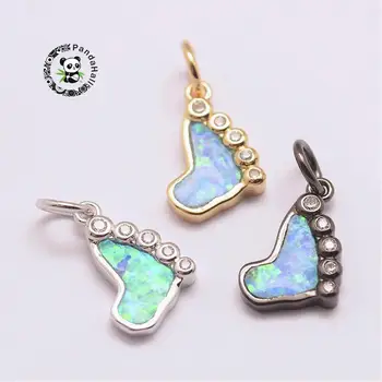 

10pcs Brass Micro Pave Grade AAA Mixed Color Cubic Zirconia Charms Long-Lasting Plated Foot Feet with Synthetic Opal Pendants