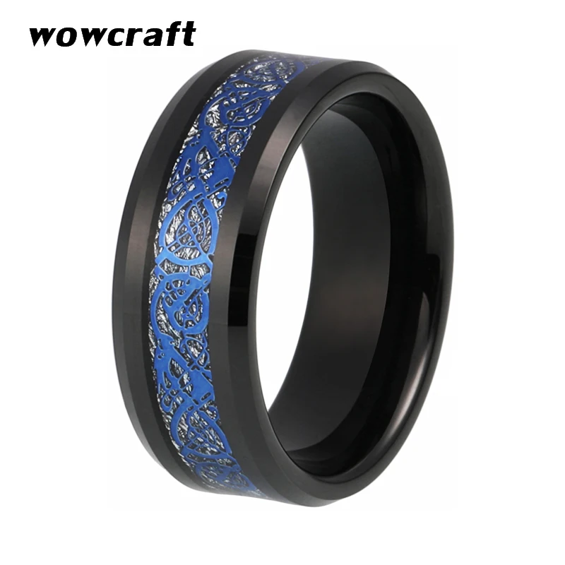 

8mm Black Men's Ring Tungsten Wedding Band Blue Dragon Meteorite Inlay Polished Shiny Engagement Ring