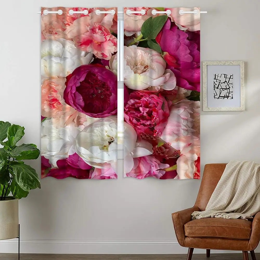 

Blackout Curtains Darkening 2 Panels Grommet Window Curtain for Bedroom Romantic Beautiful Pink White Hibiscus Flower Peony